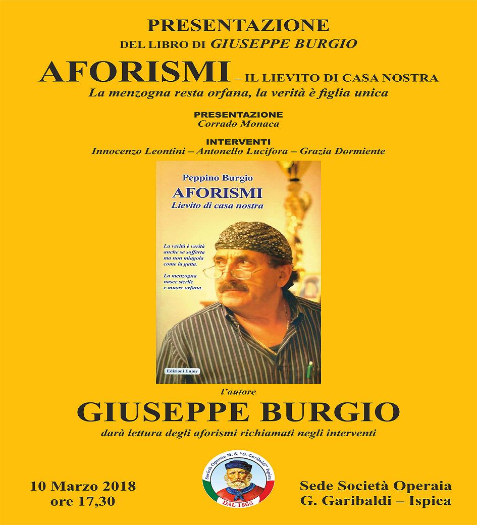 Libri, sabato 10 alla Società operaia Garibaldi di Ispica si presentano gli Aforismi di Peppino Burgio