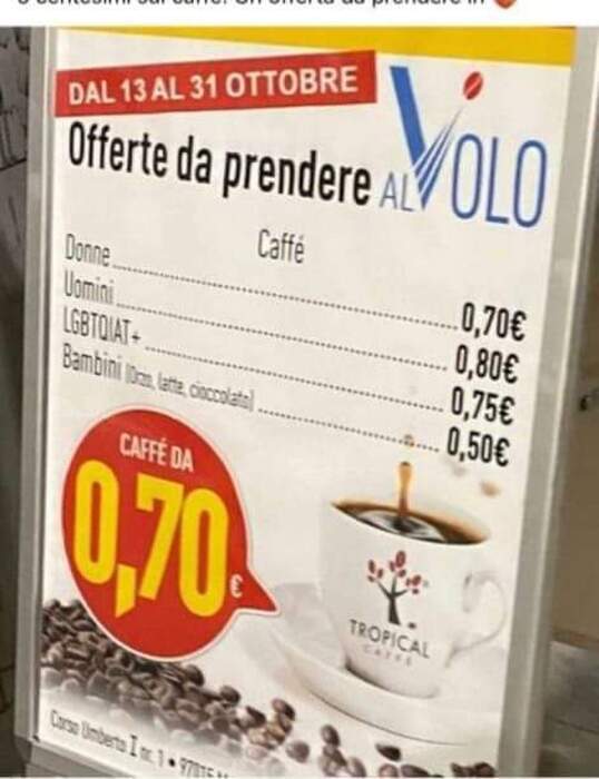 Caffè scontato per avventori di sesso maschile, femminile e LGTBQIA+. E’ polemica a Modica