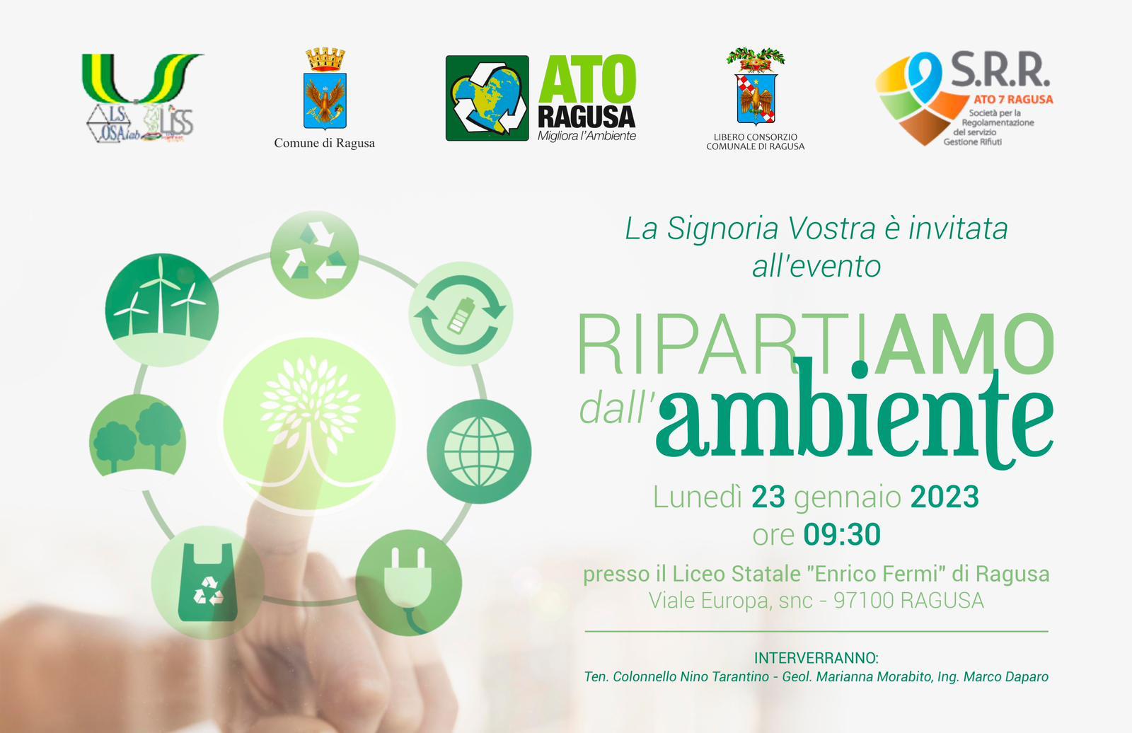 Ragusa:  lunedì 23 gennaio al Liceo Statale Fermi l’incontro dal tema “Ripartiamo dall’ambiente” per sensibilizzare gli studenti