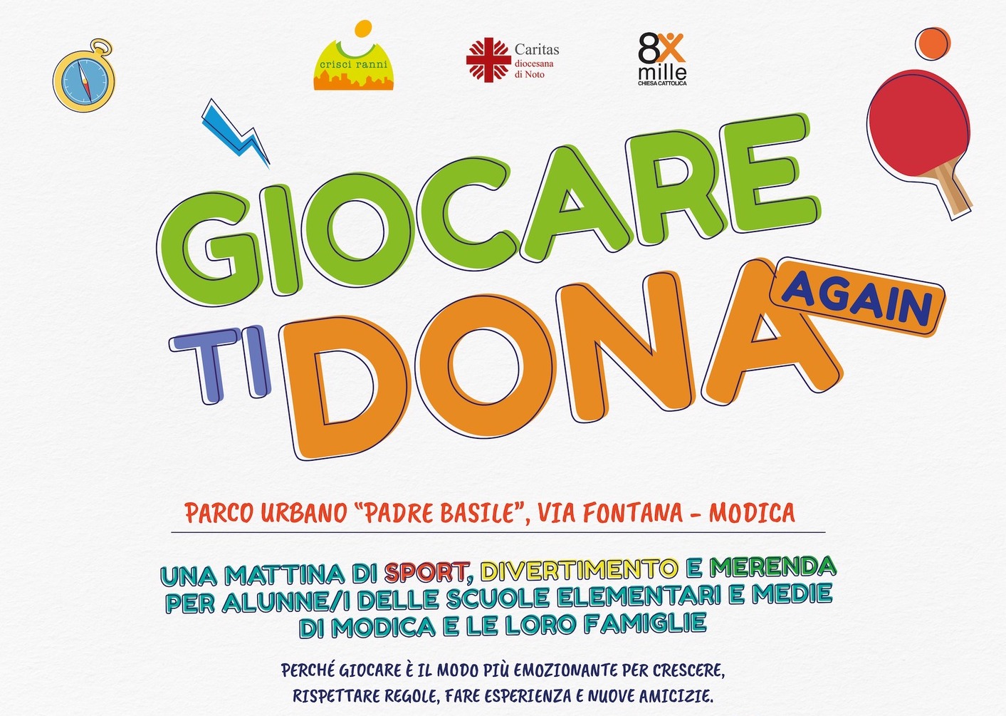 “Giocare ti dona again” sabato 16 dicembre a Modica presso il Parco Urbano Padre Basile.