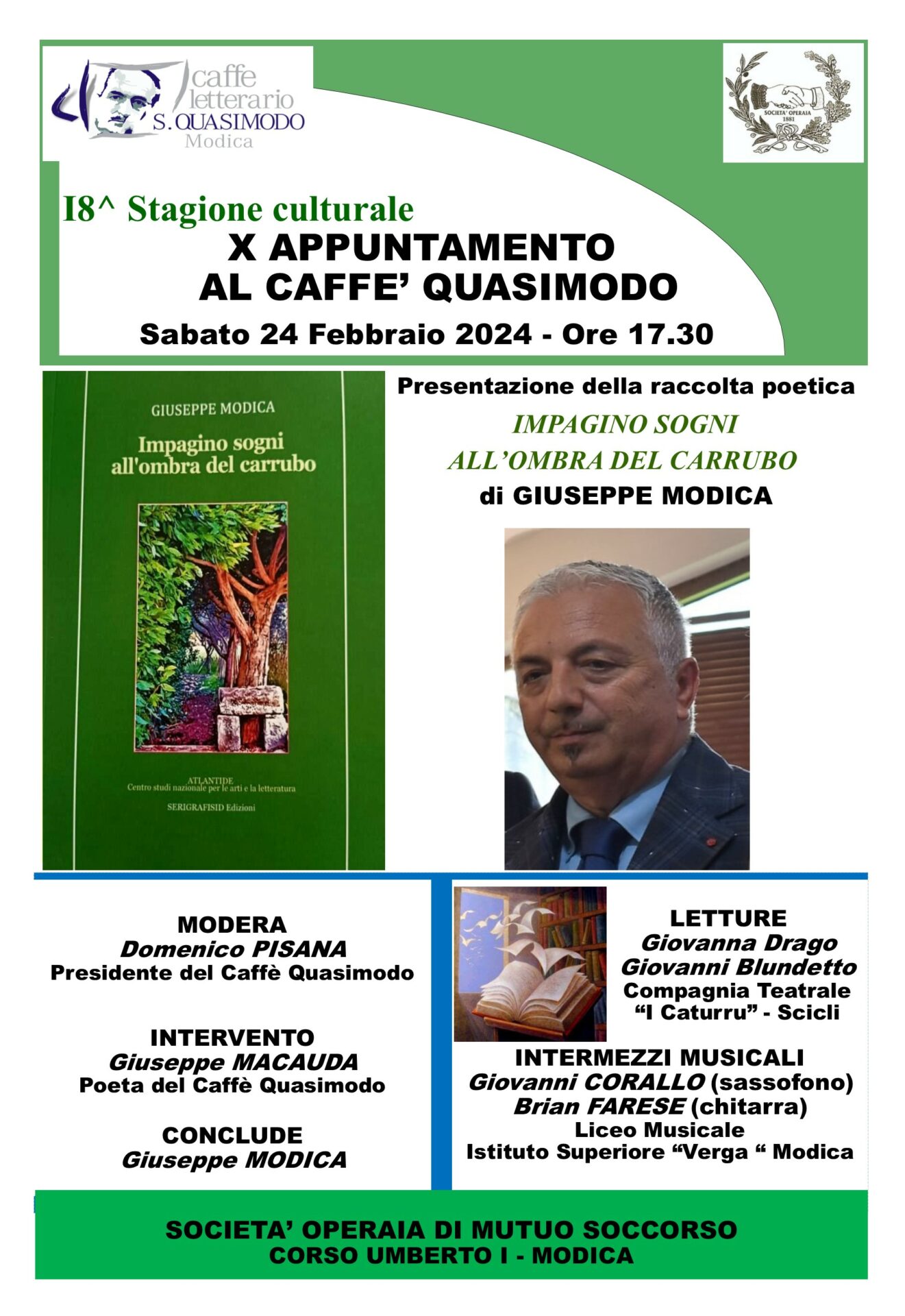 Modica al Caffè Letterario Quasimodo il poeta Giuseppe Modica con “Impagino sogni all’ombra del carrubo”
