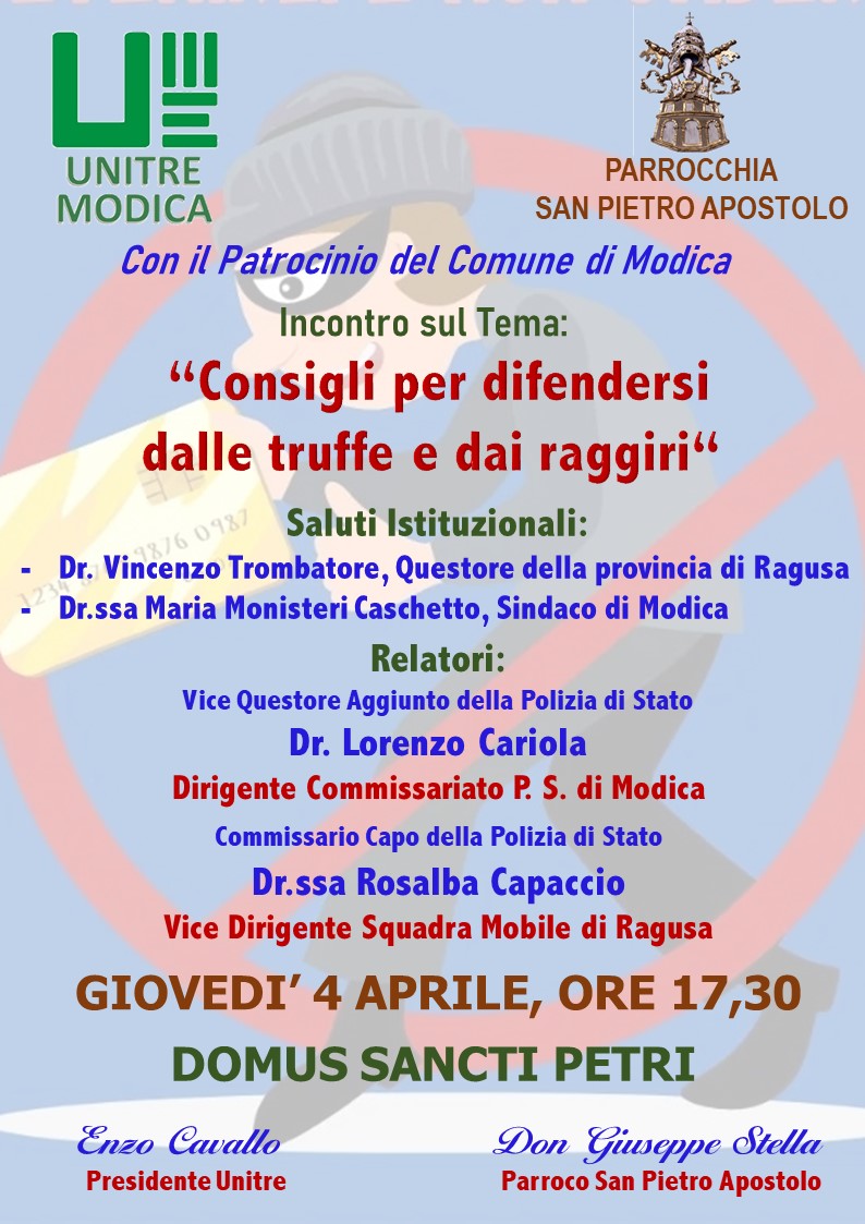L’UniTre di Modica organizza un incontro sulla sicurezza per difendersi da truffe e raggiri