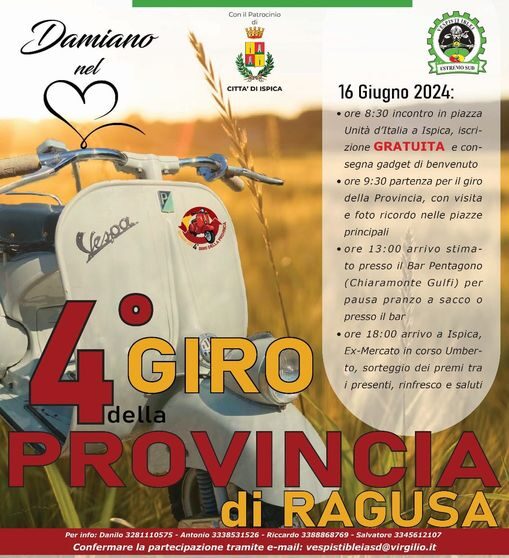 “Giro della Provincia di Ragusa in Vespa”, il 16 giugno la IV^ edizione nel ricordo di Damiano Gugliotta