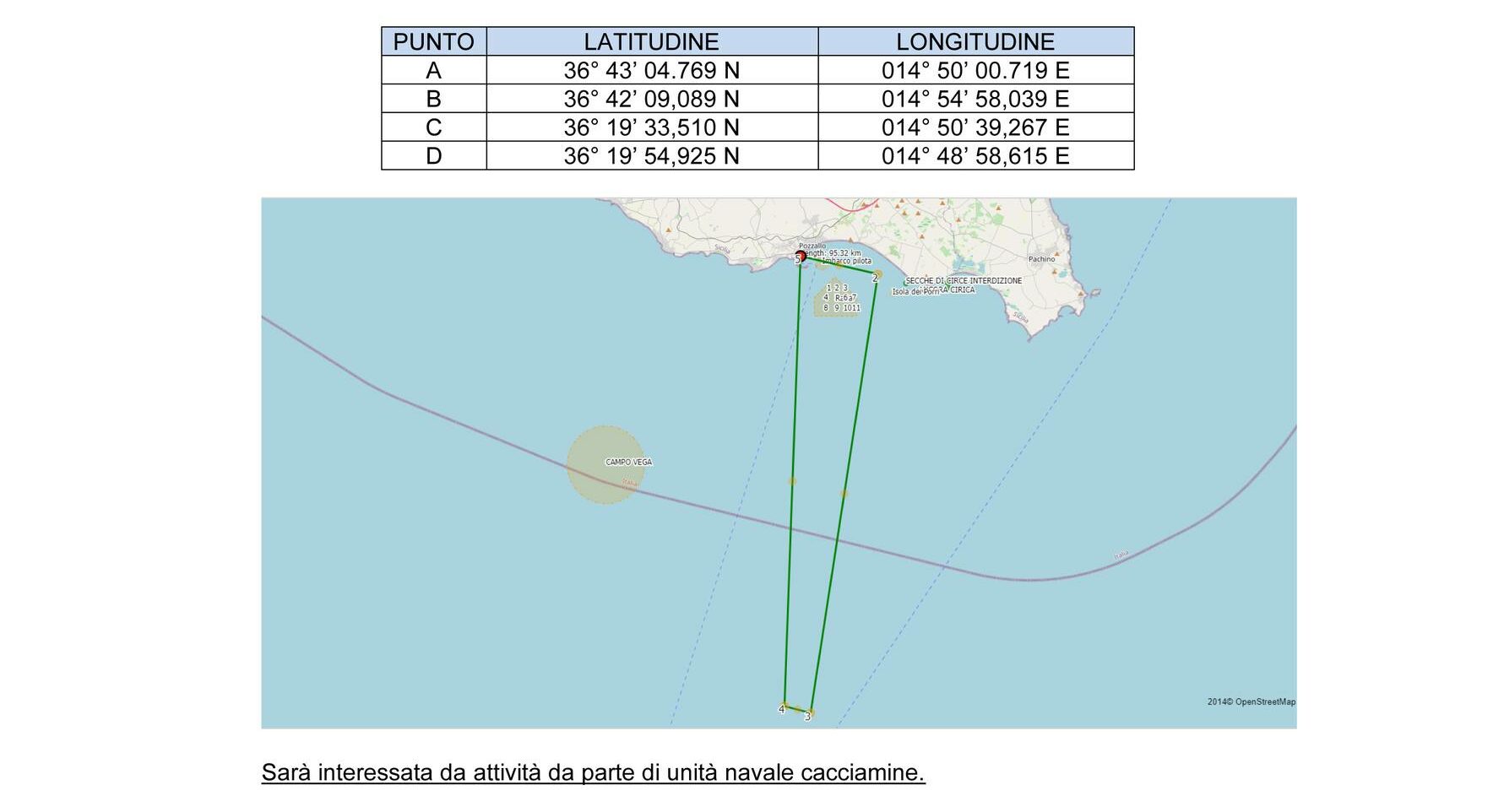 Zona di mare interdetta alla navigazione a largo di Pozzallo per attività cacciamine