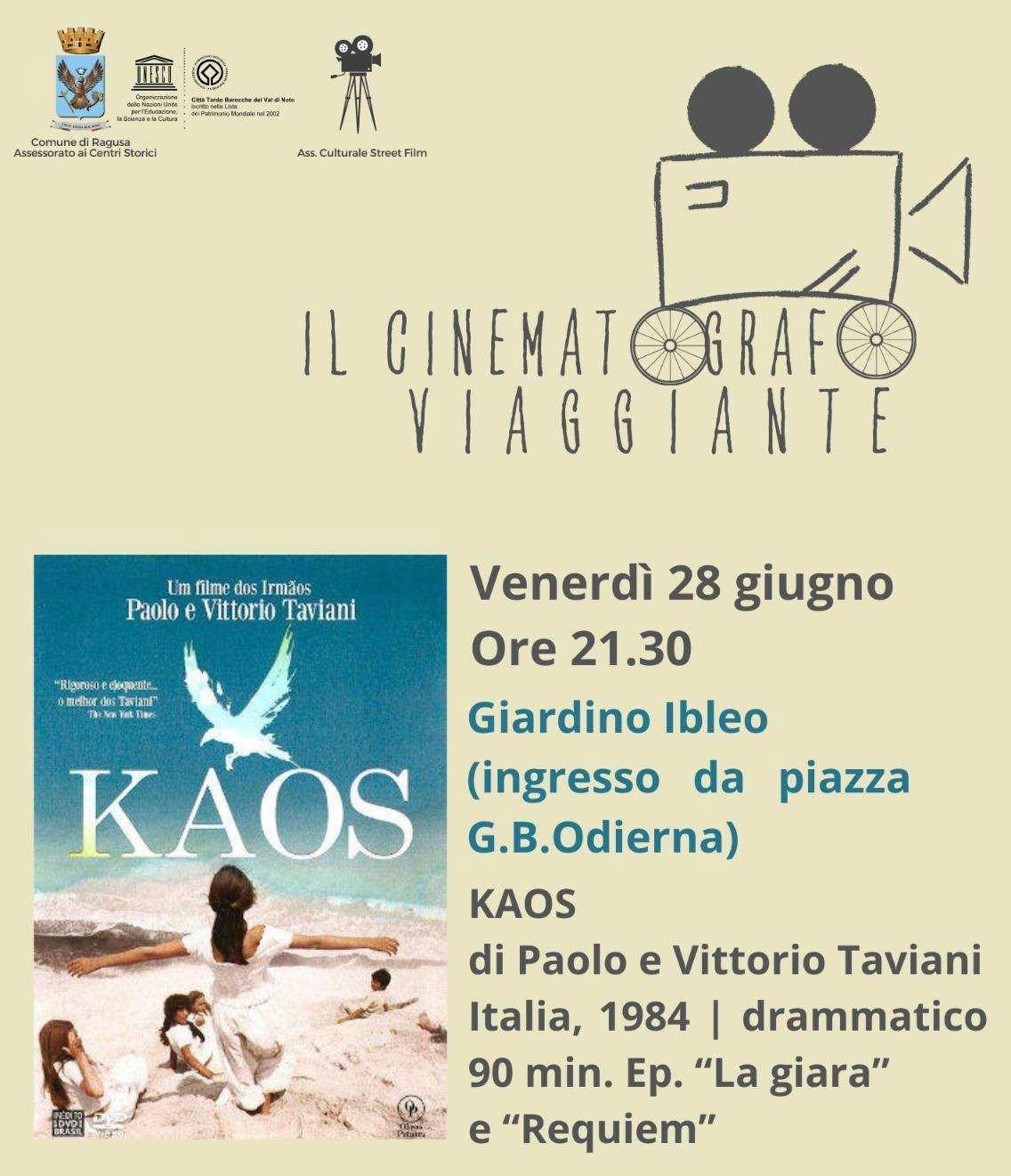 “Il cinematografo viaggiante”, la nuova rassegna di cinema all’aperto a Ragusa, venerdì si inizia con “Kaos”
