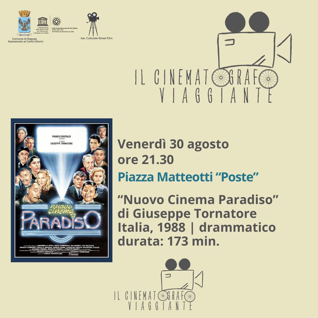 “Cinematografo viaggiante”, venerdì in piazza Poste a Ragusa si proietta “Nuovo Cinema Paradiso”