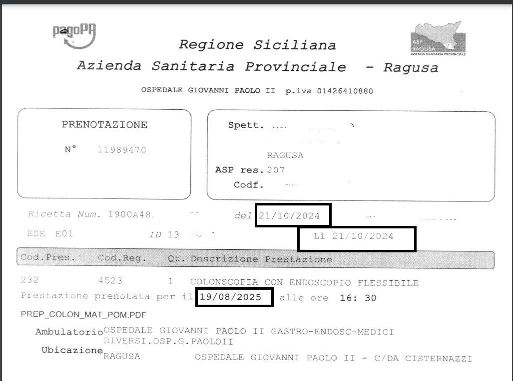 Colonscopia da fare entro 10 gg prenotata per il 19 agosto 2025 (10 mesi): ecco l’Asp di Ragusa