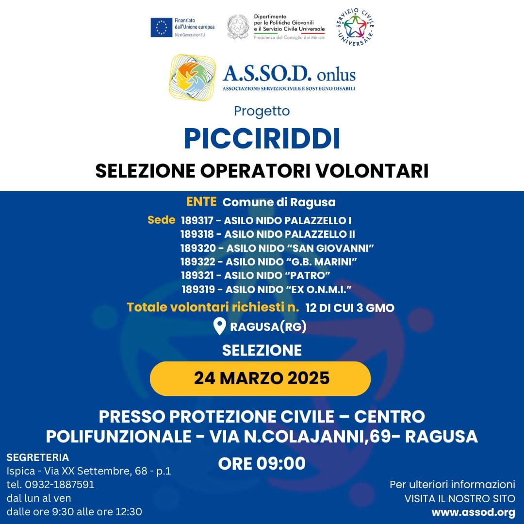 Selezione operatori volontari per il progetto “Picciriddi” del Servizio Civile Universale