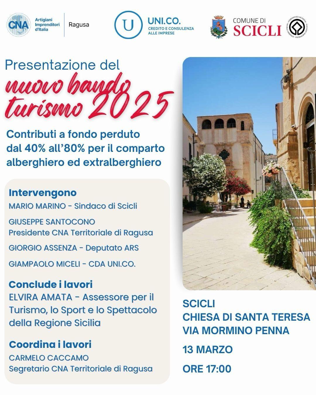 Turismo 2025: a Scicli la presentazione del nuovo bando con contributi fino all’80 il 13 marzo