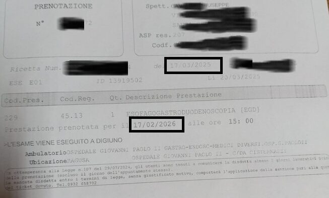 Sospetta neoplasia: al signor Giuseppe assegnata esofagogastroduodenoscopia il 17 febbraio 2026