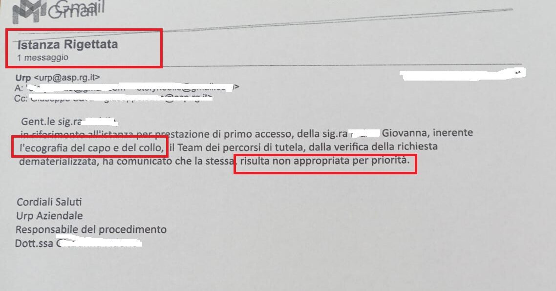 Asp di Ragusa e il caso di Giovanna: “La priorità indicata dal medico curante non è appropriata”