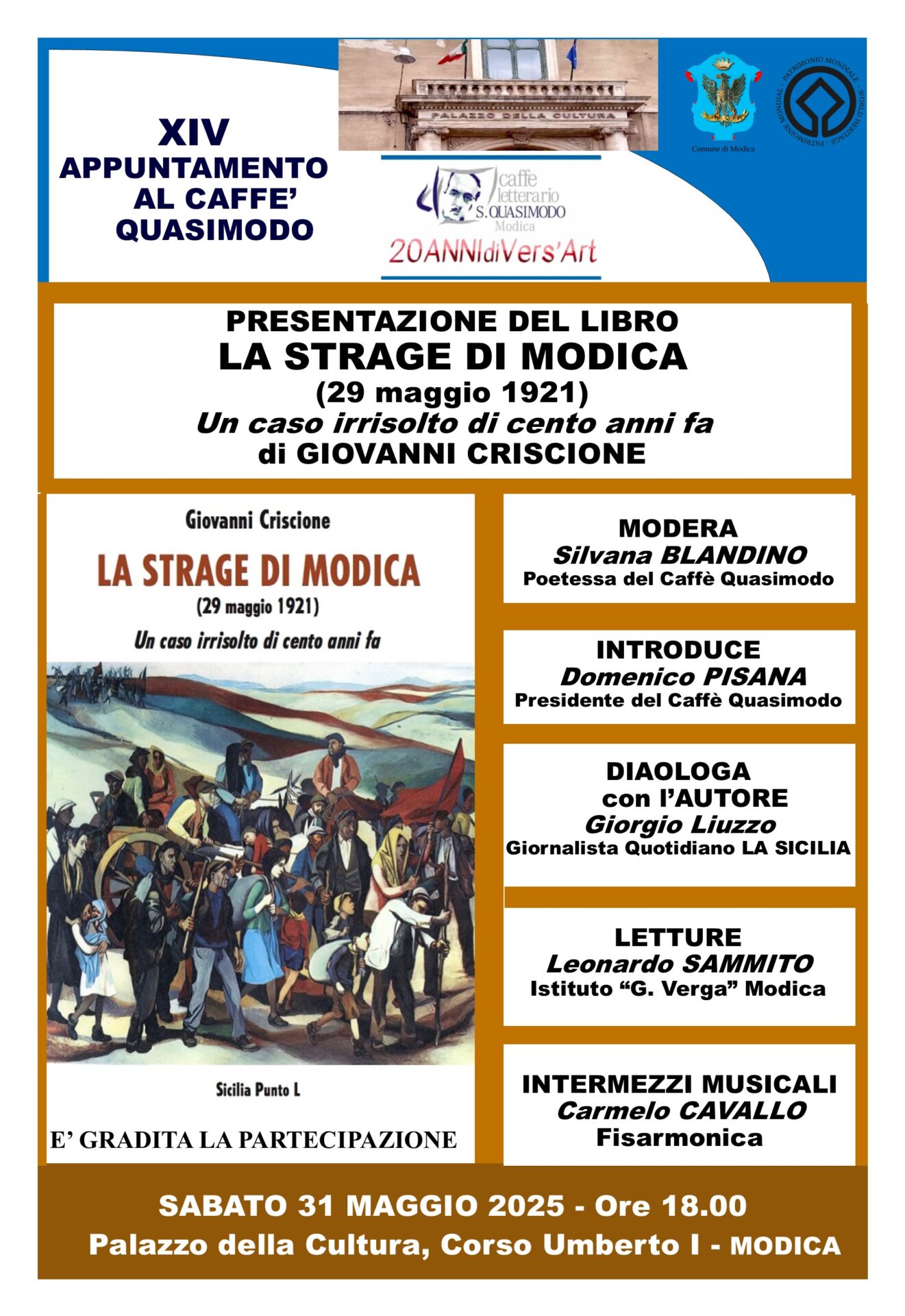 “La strage di Modica” di Giovanni Criscione al Caffè Letterario Quasimodo, il 31 maggio