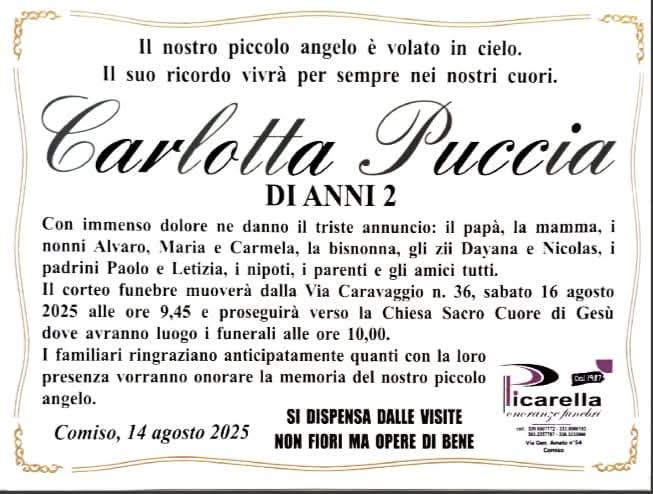Lutto cittadino a Comiso per la piccola Carlotta, scomparsa lo scorso 10 agosto