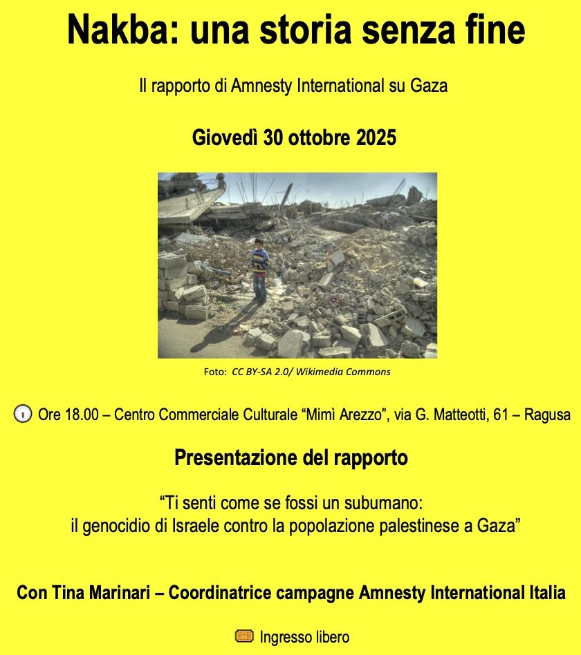 Nakba, una storia senza fine: Amnesty presenta a Ragusa il rapporto sul genocidio a Gaza