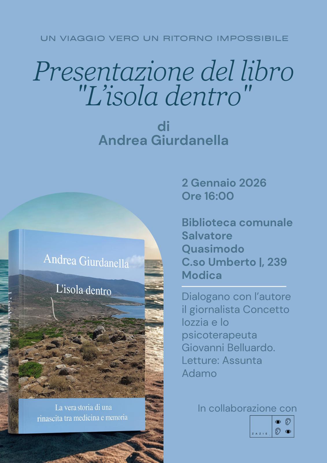 Modica, si presenta alla Biblioteca comunale il libro “L’isola dentro” di Andrea Giurdanella