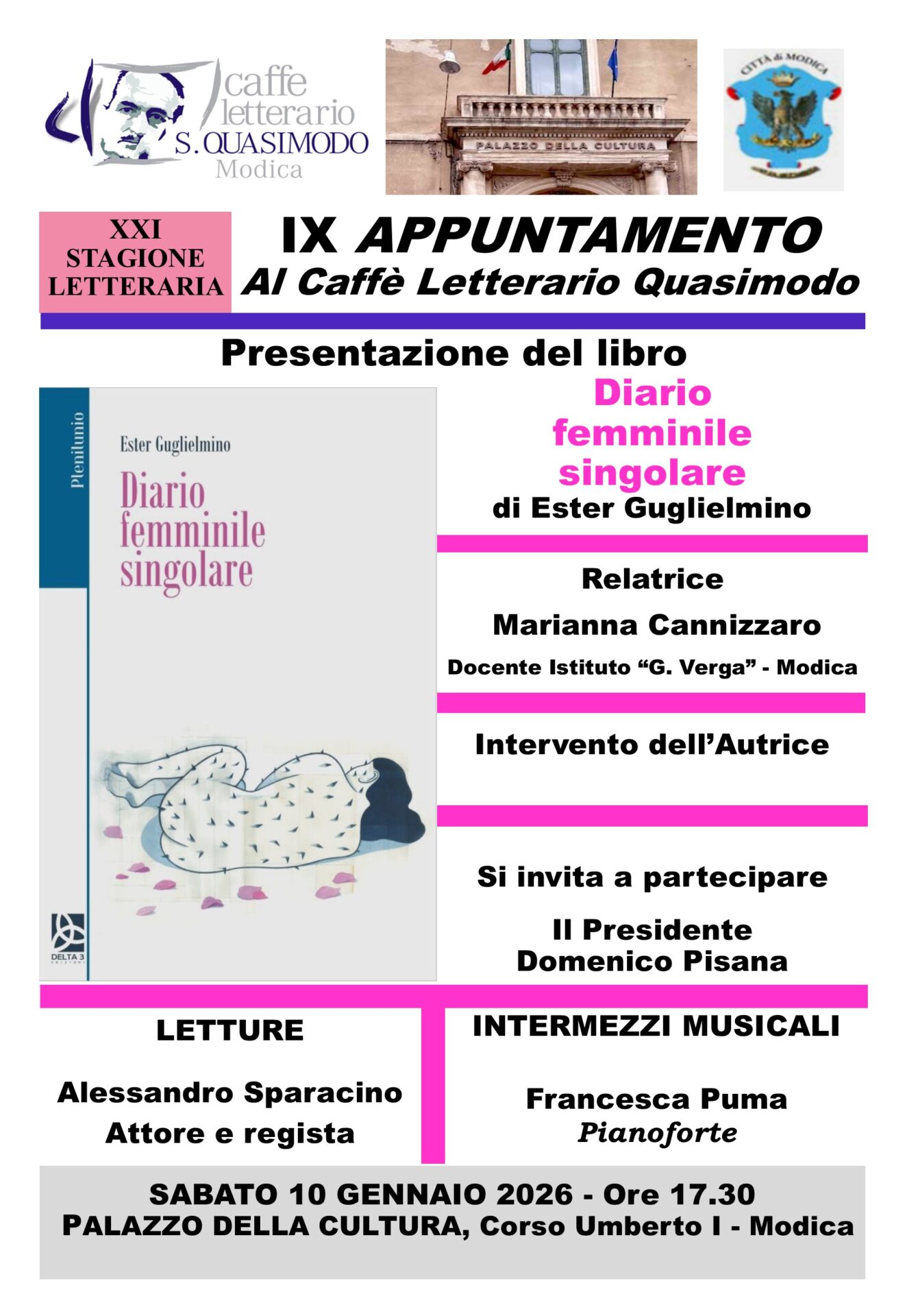 Sabato 10 a Modica si presenta il libro “Diario Femminile Singolare ” di Ester Guglielmino 