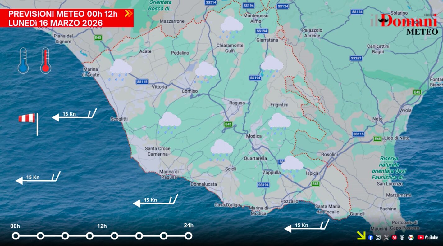 Il tempo di lunedì 16 marzo in Provincia di Ragusa: piogge diffuse e venti sostenuti