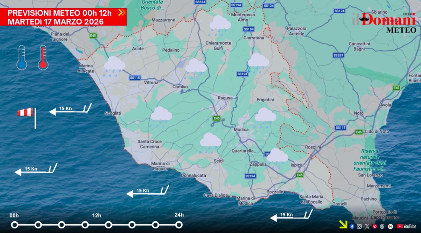 Previsioni meteo martedì 17 marzo in Provincia di Ragusa – piogge diffuse e venti sostenuti