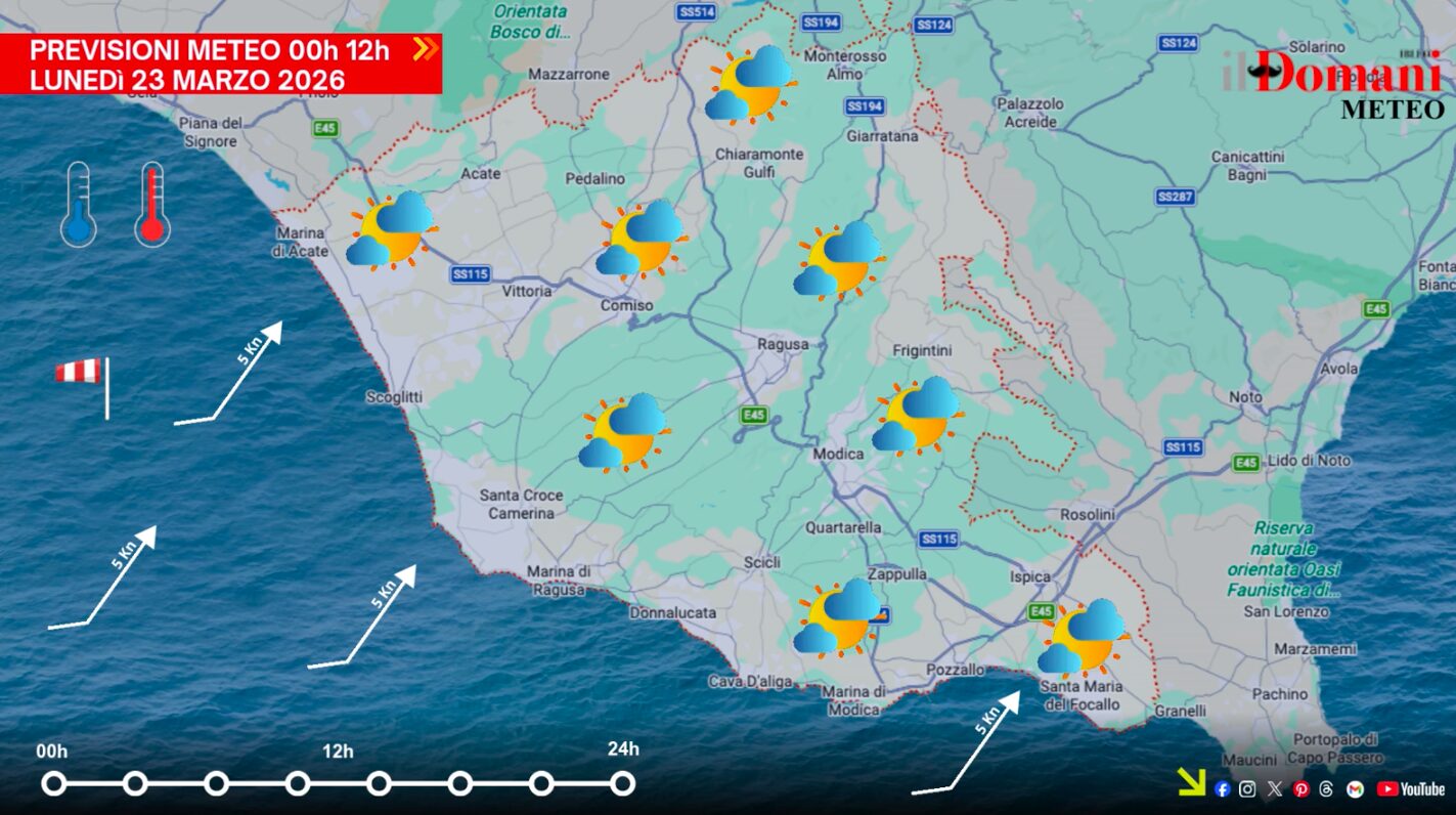 Previsioni meteo lunedì 23 marzo in Provincia di Ragusa: in arrivo piogge deboli