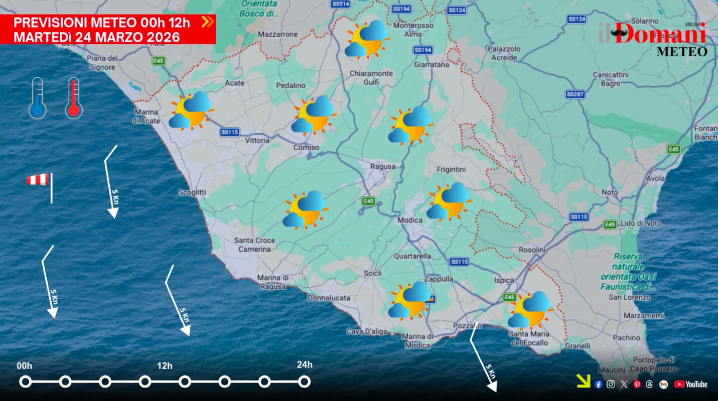 Il meteo di martedì 24 marzo nel ragusano: schiarite al mattino, piogge nel pomeriggio