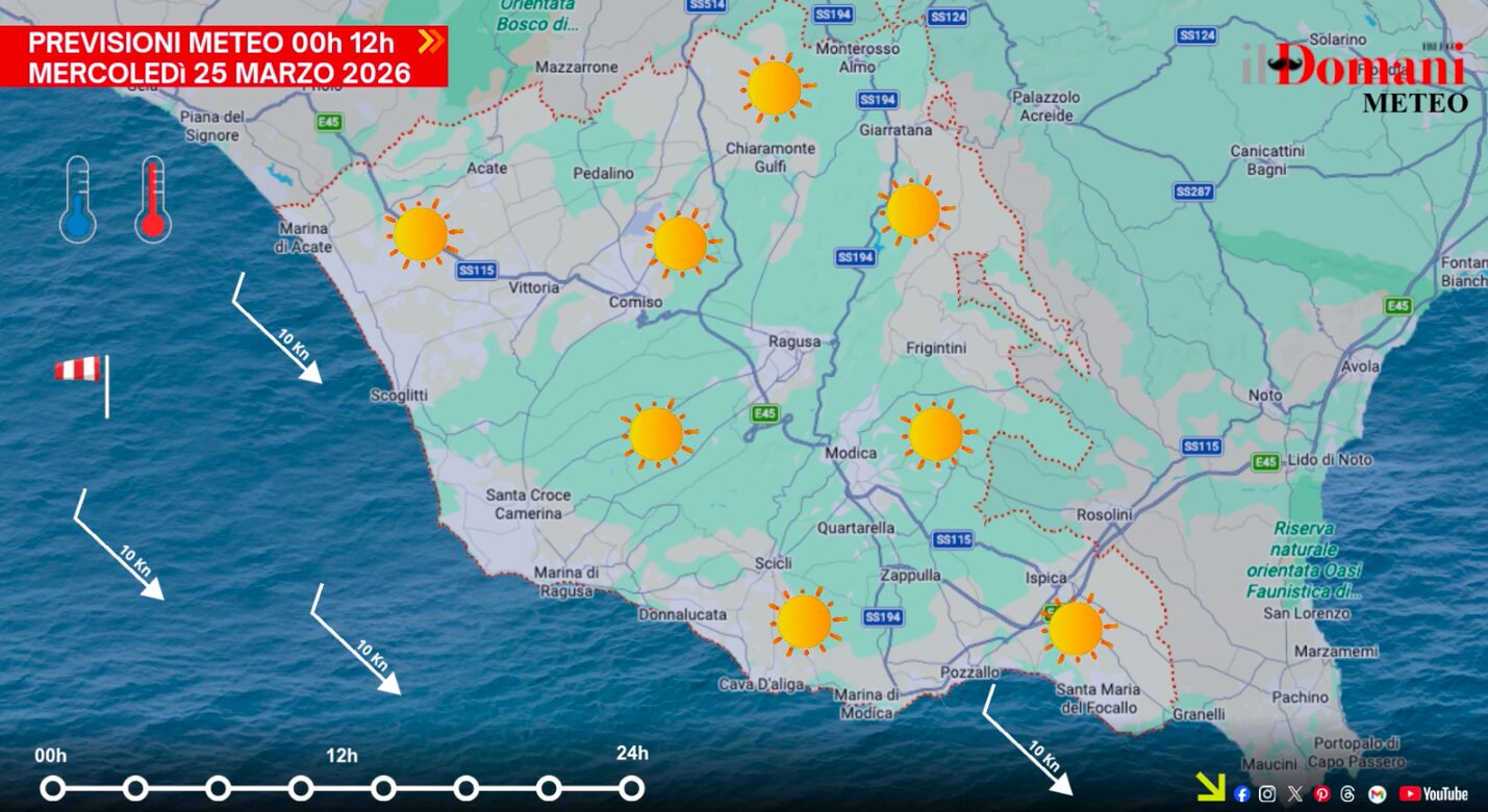 Previsioni meteo di mercoledì 25 marzo in Provincia di Ragusa: clima mite e venti moderati