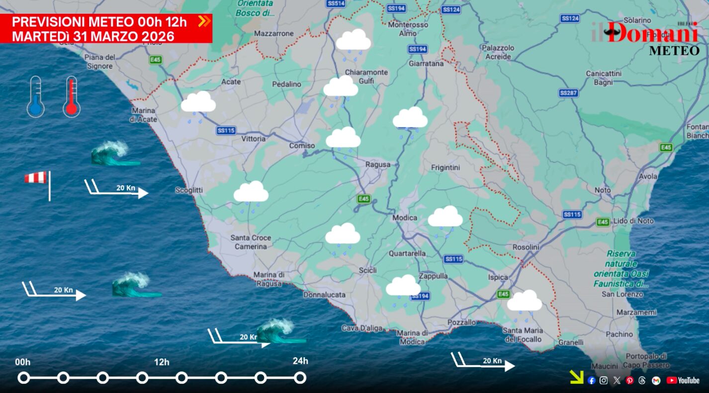 Previsioni meteo per martedì 31 marzo in Provincia di Ragusa: piogge diffuse e clima fresco