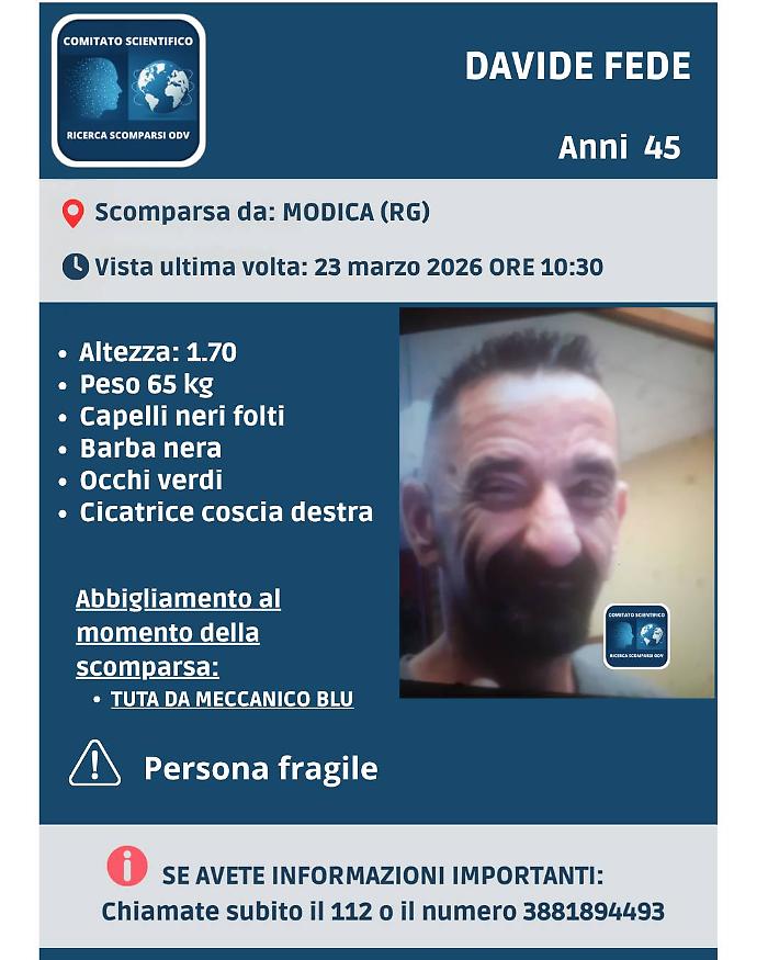 Modica, scomparso il 45enne Davide Fede: appello dei familiari e del comitato scomparsi