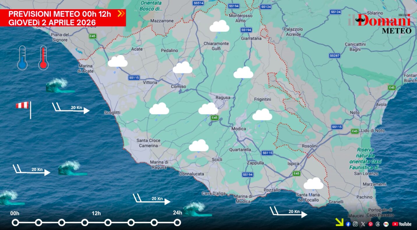 Previsioni meteo di giovedì 2 aprile in Provincia di Ragusa: vento sostenuto, e piogge moderate