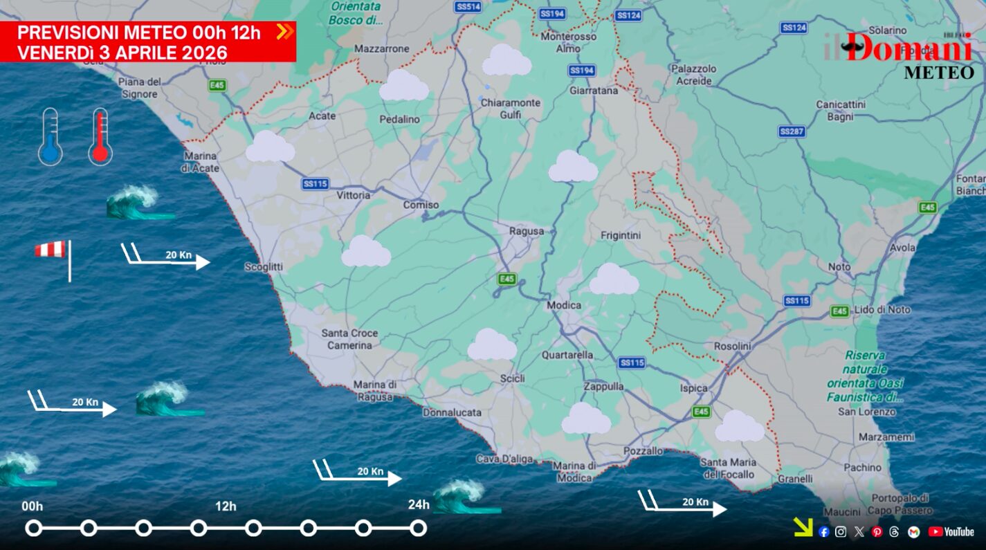 Il meteo di venerdì 3 aprile in Provincia di Ragusa: cielo variabile e deboli piogge