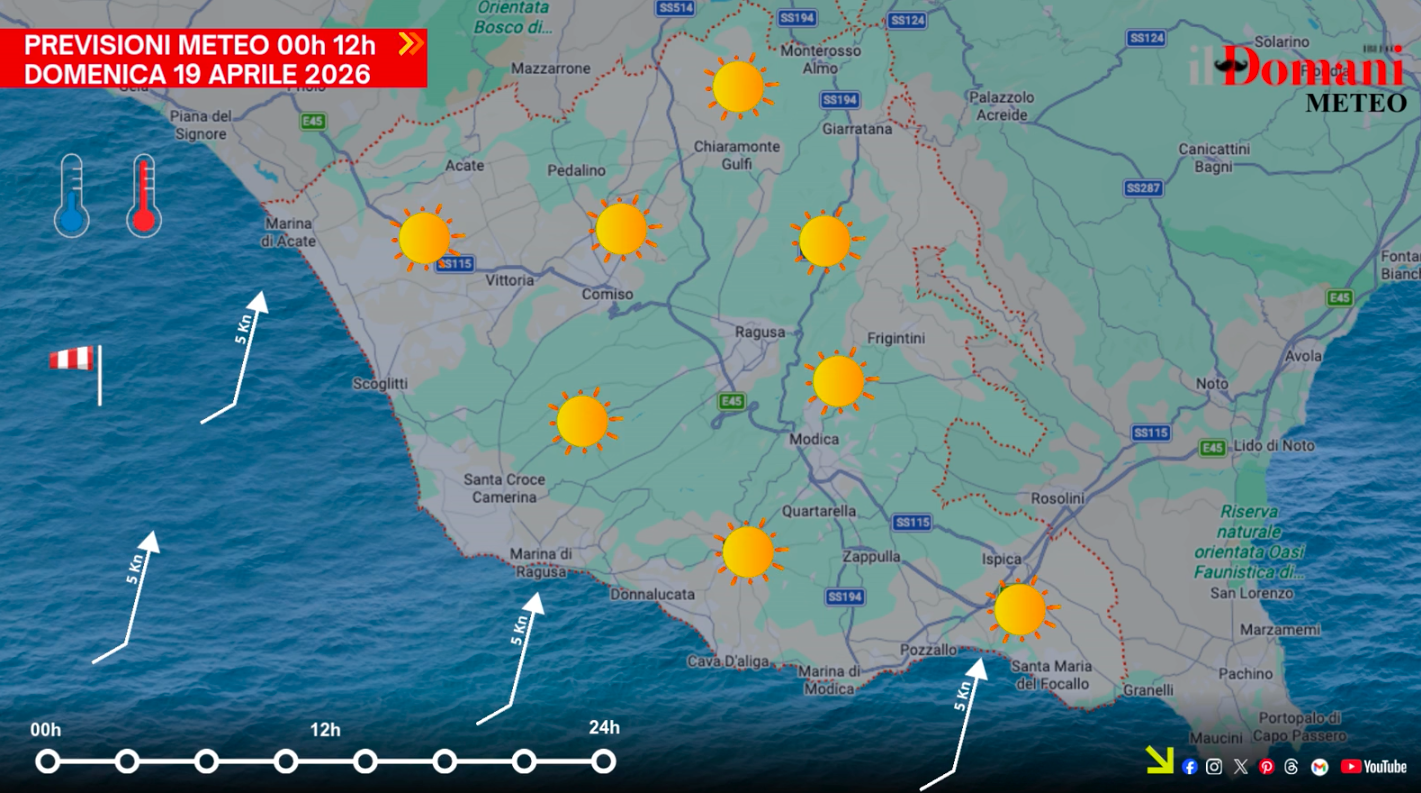 Previsioni meteo domenica 19 aprile in Provincia di Ragusa: clima mite e soleggiato