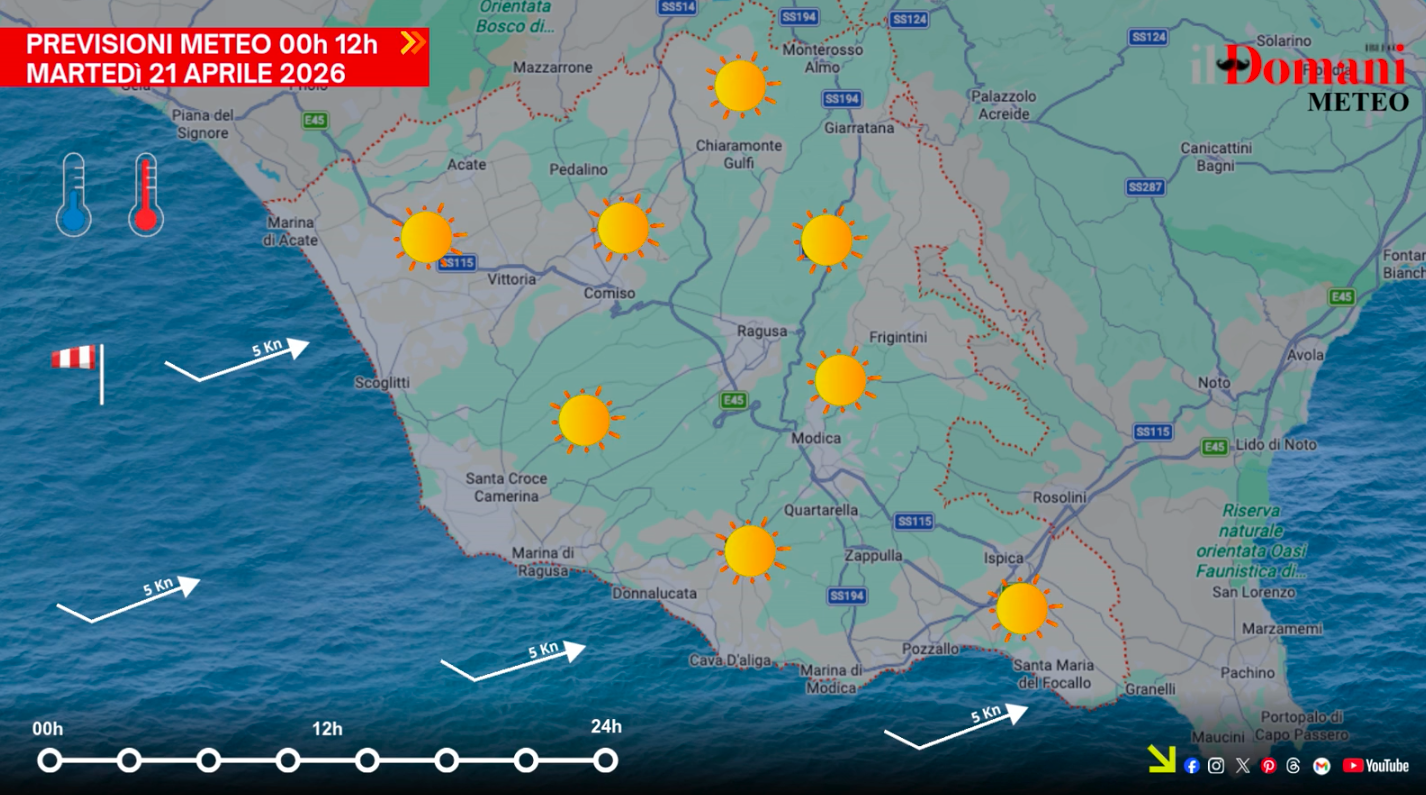 Previsioni meteo martedì 21 aprile in Provincia di Ragusa: sole prevalente