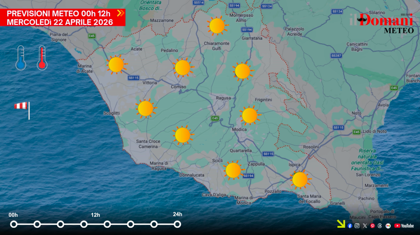 Previsioni meteo mercoledì 22 aprile: sole in tutta Provincia di Ragusa