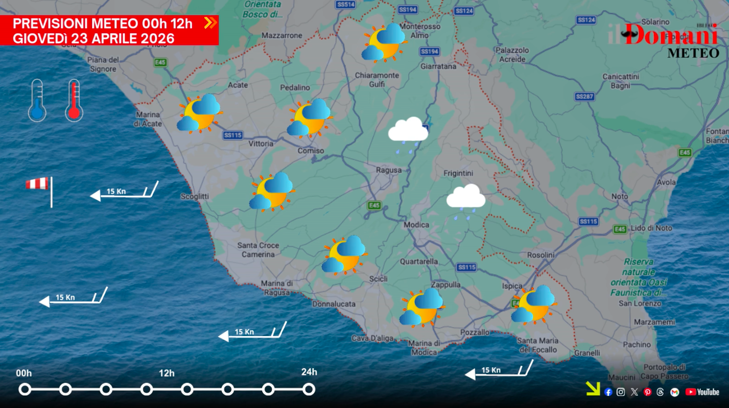 Previsioni meteo giovedì 23 aprile in Provincia di Ragusa: variabilità, con piogge nel pomeriggio