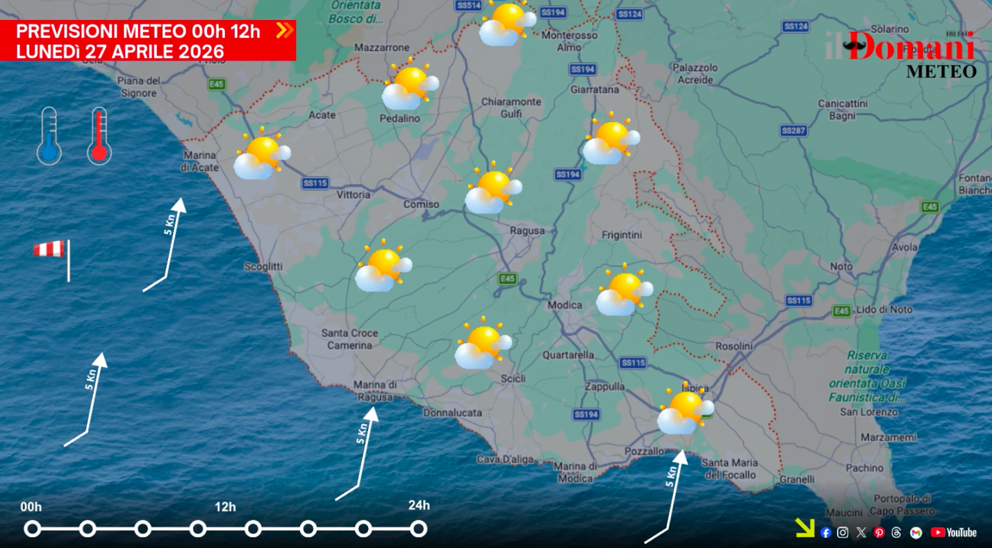 Previsioni meteo lunedì 27 aprile in Provincia di Ragusa: poco nuvoloso, vento debole