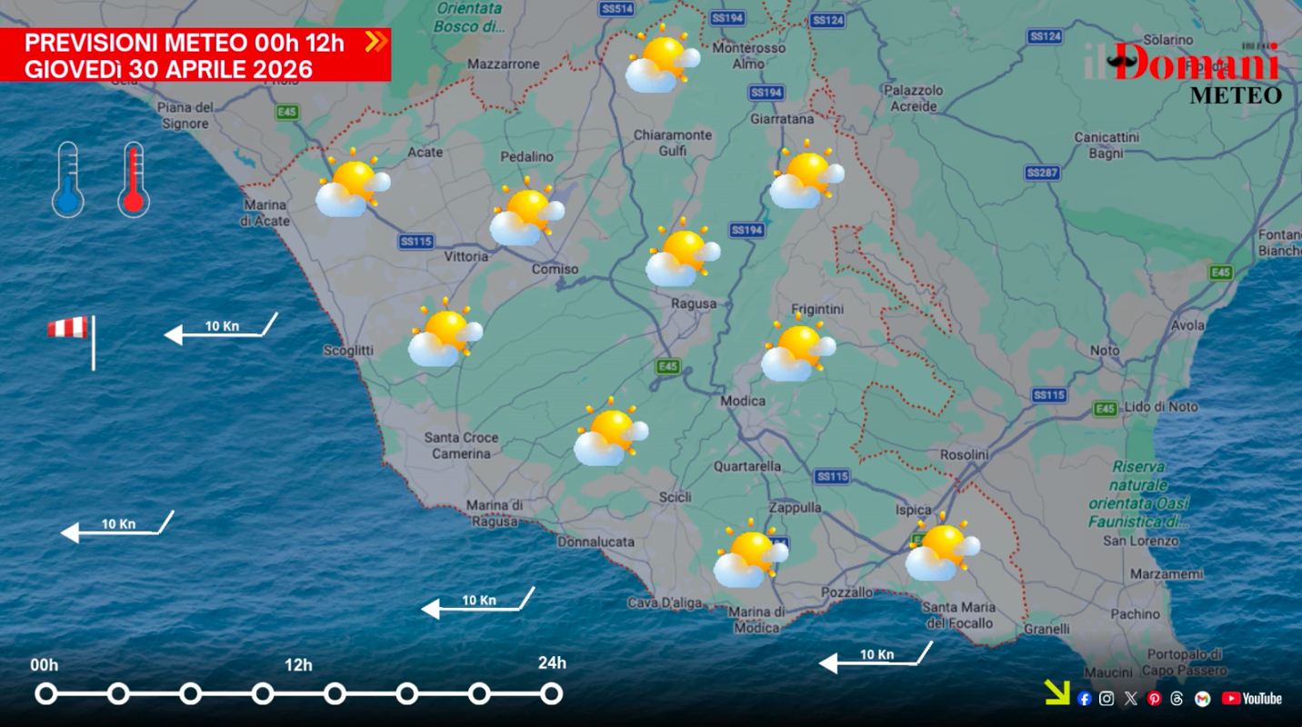 Previsioni meteo giovedì 30 aprile in Provincia di Ragusa: sole prevalente