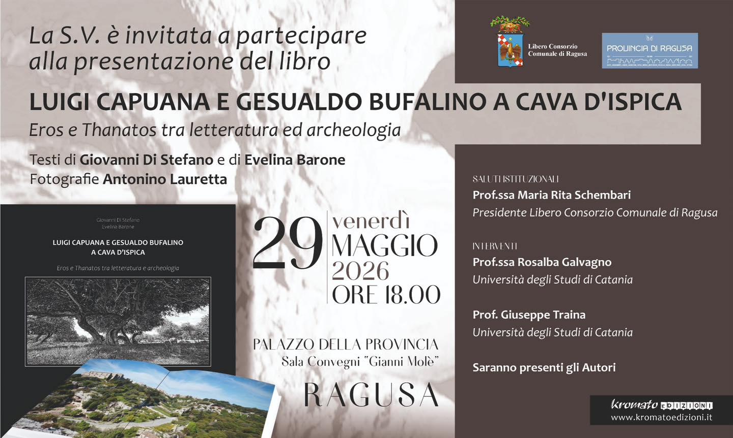 Ragusa, si presenta il volume: “Luigi Capuana e Gesualdo Bufalino a Cava d’Ispica”