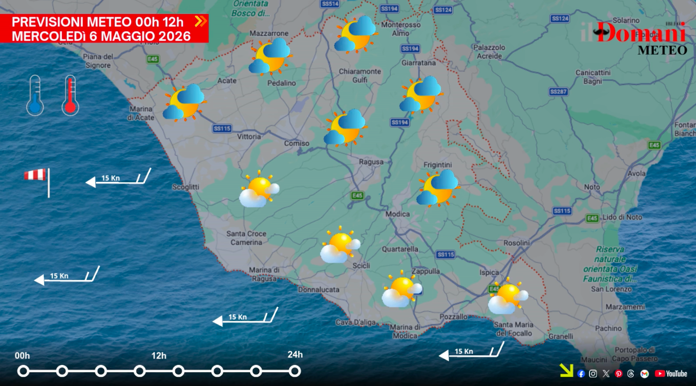 Previsioni meteo mercoledì 6 maggio 2026 in Provincia di Ragusa: nuvoloso, vento sostenuto