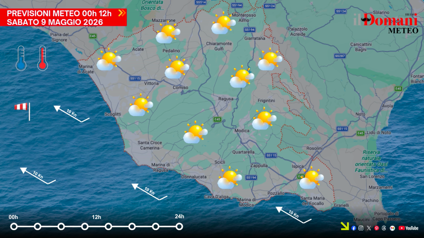 Previsioni meteo 9 maggio 2026 in Provincia di Ragusa: sole, temperature in aumento