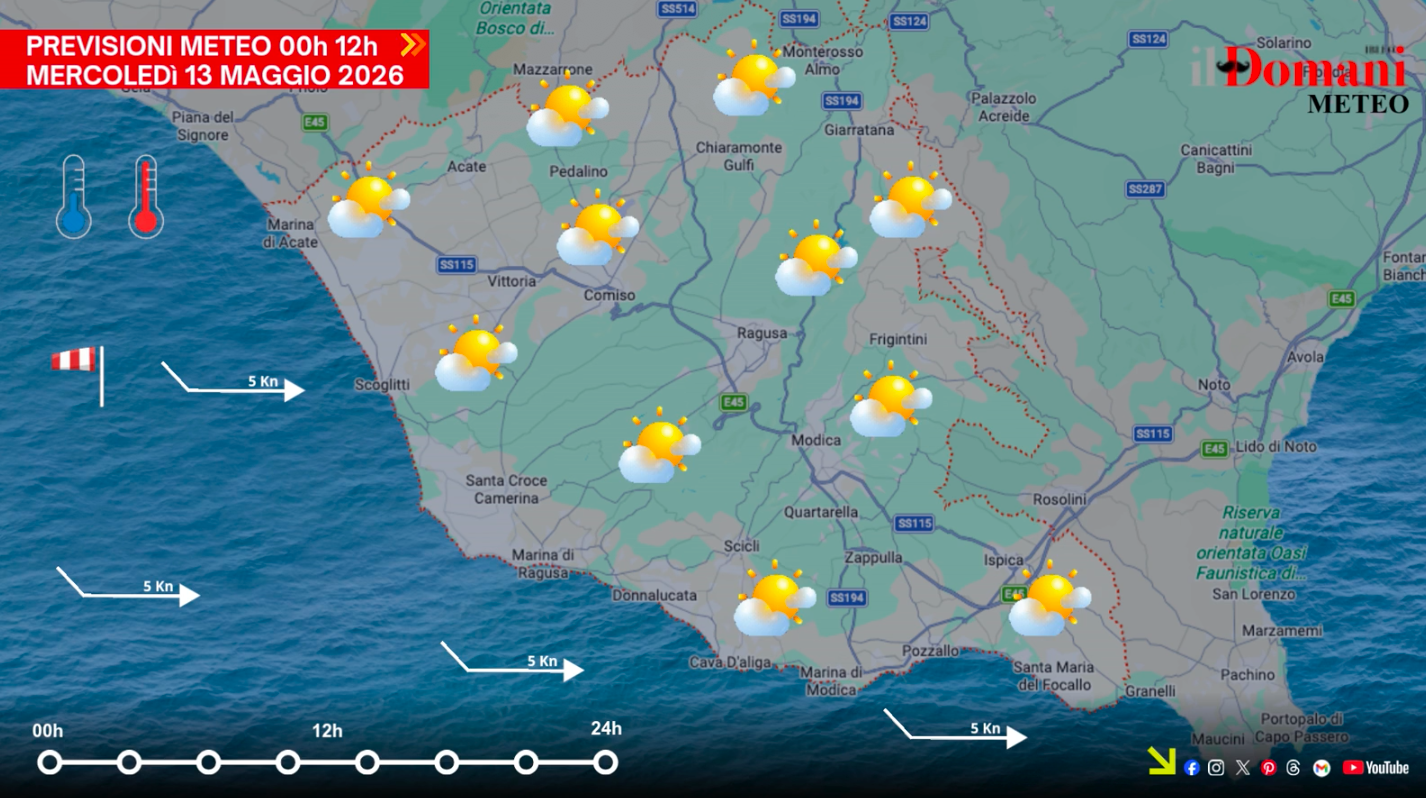 Previsioni meteo mercoledì 13 maggio 2026 in Provincia di Ragusa: sole e vento di Maestrale