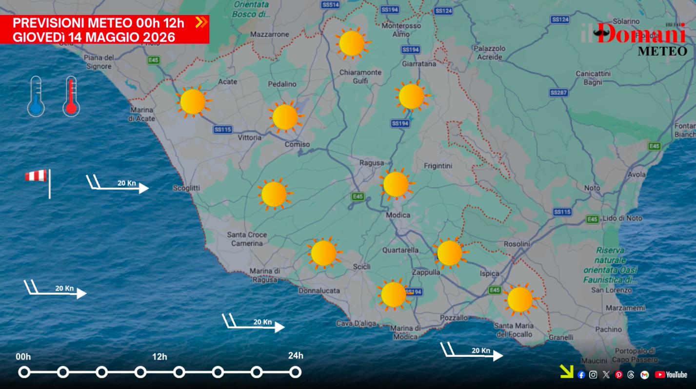 Previsioni meteo giovedì 14 maggio 2026 in Provincia di Ragusa: sole e vento sostenuto