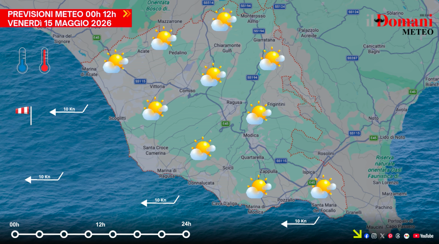 Meteo del 15 maggio 2026 in Provincia di Ragusa: nuvole sparse, vento di scirocco